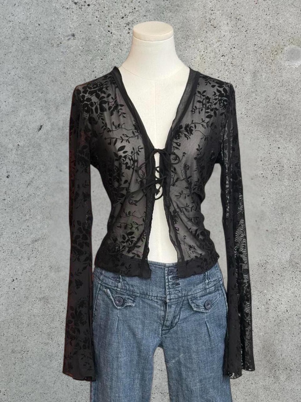 Sheer Black Floral Tie-Front Women’s Top